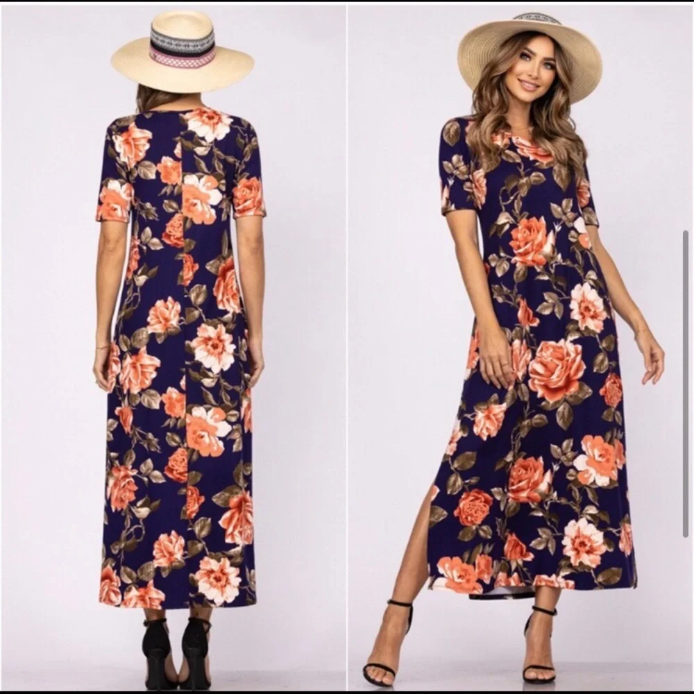 Navy buttery super soft women’s short sleeved maxi dress - Picture 3 of 4